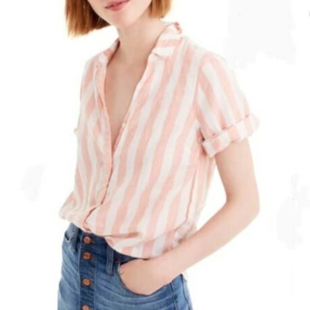 J. Crew Trademark Pink and White Wide Stripe Button Down Shirt XS TALL